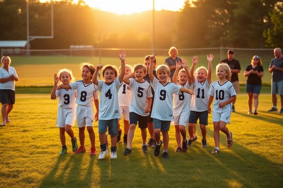 Youth sports team celebrating on a grass field at golden hour