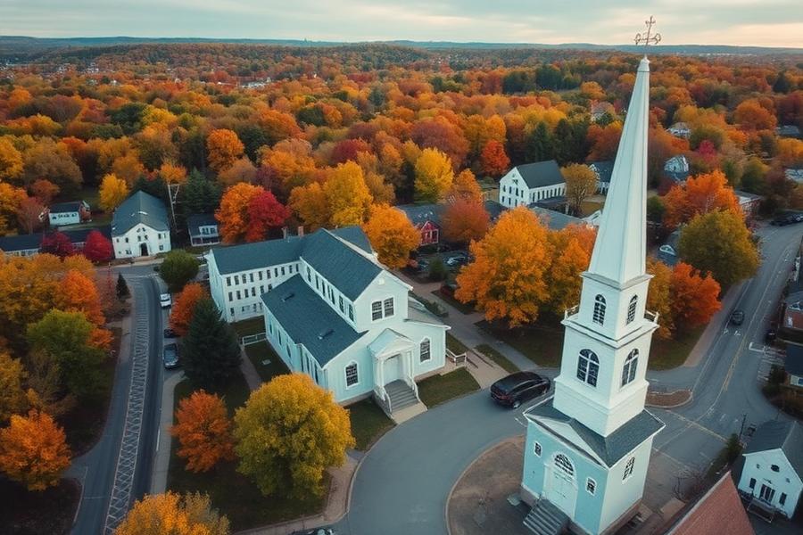 Aerial view of a New England town center in autumn