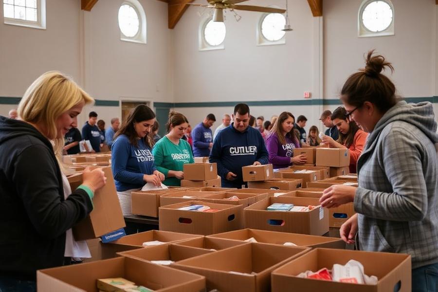 Volunteers packing donation boxes in a community hall